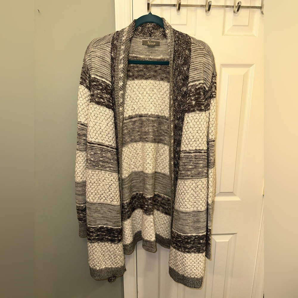 Natural Reflections Gray and White Striped Open-Front Cardigan